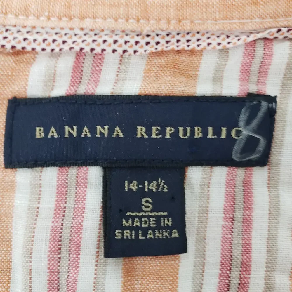 Banana Republic Linen Shirt Men S 14 / 14.5  Orange Stripe Long Sleeve Button Up